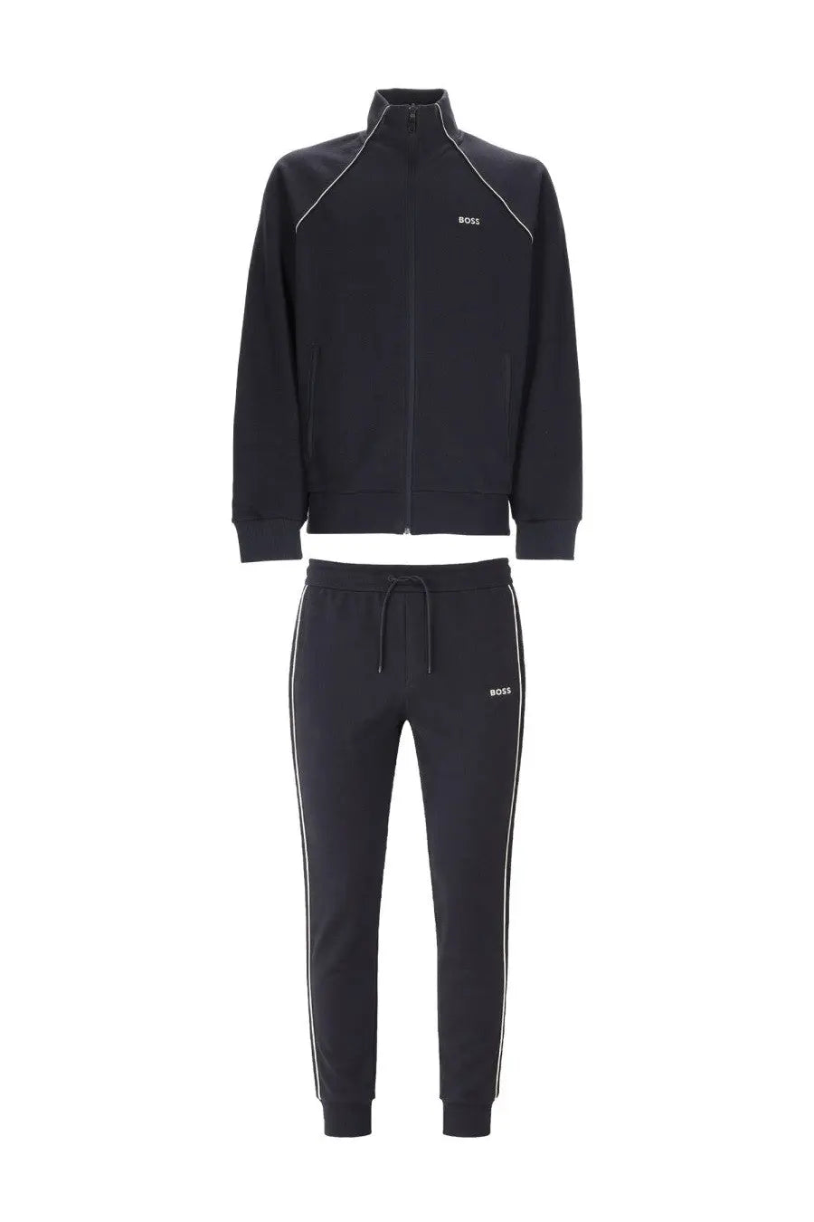 Black Hugo Boss men’s tracksuit set with white piping details designed for casual and athletic wear