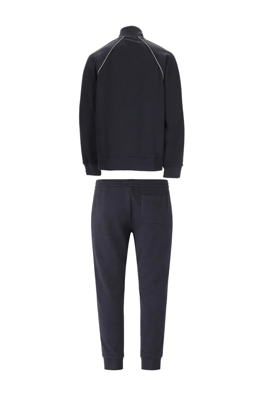 Black boss men’s set tracksuit with white contrast stitching on shoulders and sleeves in con blue color