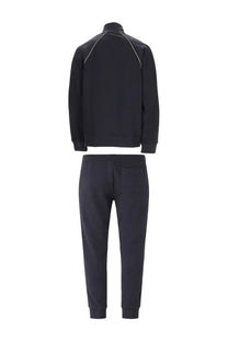 Black boss men’s set tracksuit with white contrast stitching on shoulders and sleeves in con blue color