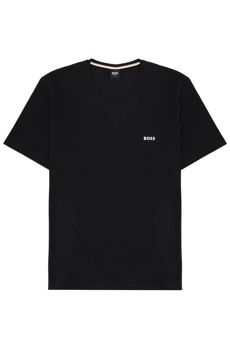 BOSS men’s black t-shirt with subtle white logo and beige trim on neckline for casual and stylish wear
