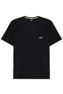 BOSS men’s black t-shirt with subtle white logo on chest and beige trim along the neckline