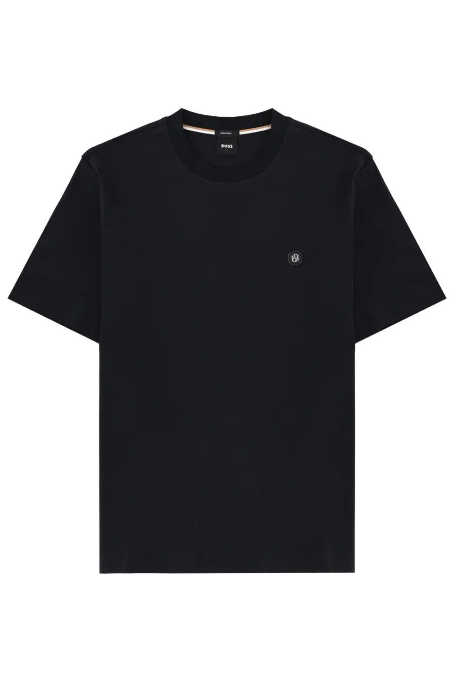 BOSS men’s black short-sleeved cotton t-shirt with crew neck and small embroidered logo on the left chest