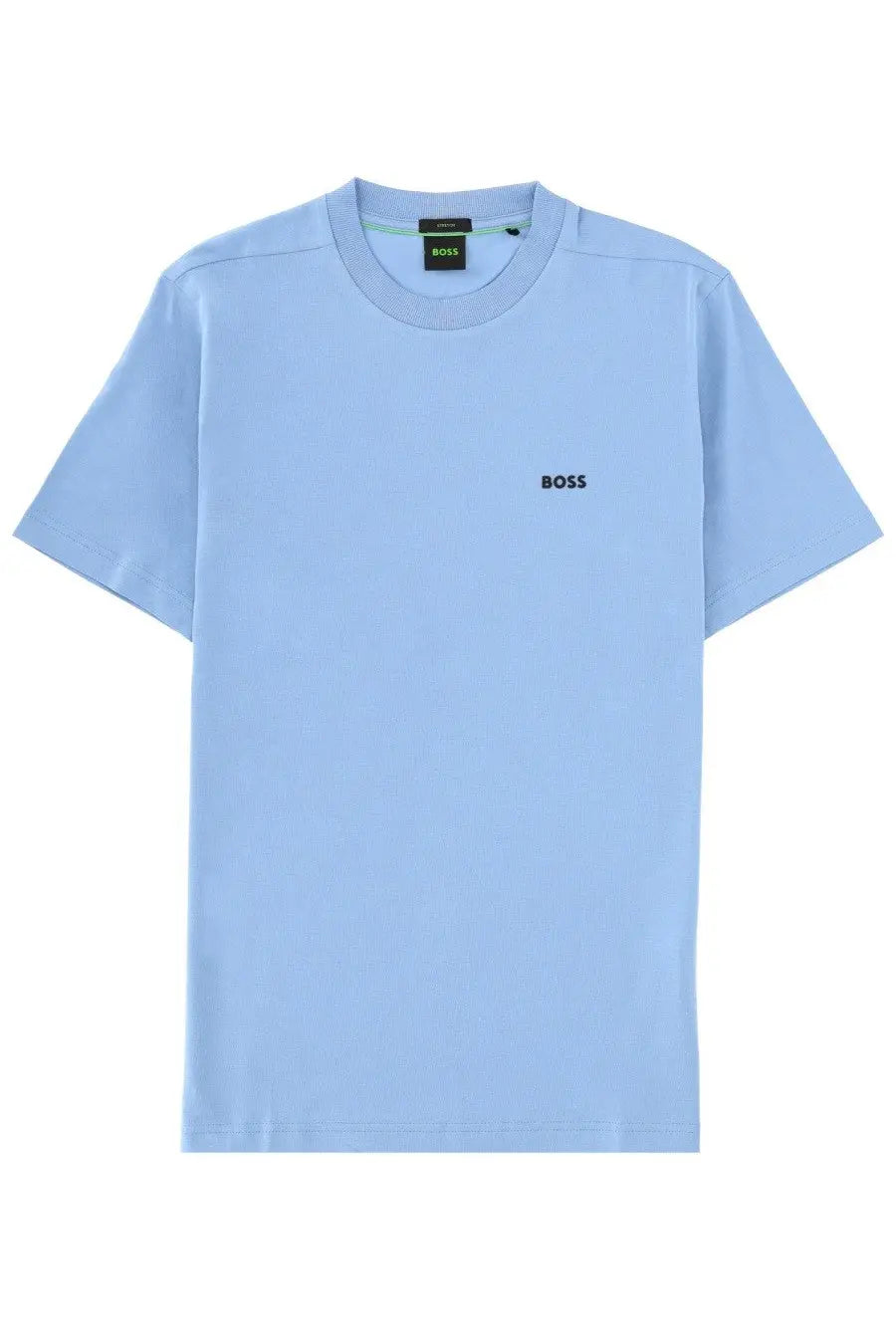 BOSS men’s light blue short-sleeved shirt with subtle black logo embroidery on the chest in soft fabric