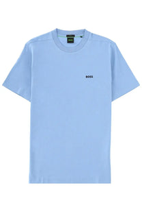 BOSS men’s light blue short-sleeved shirt with subtle black logo embroidery on the chest in soft fabric