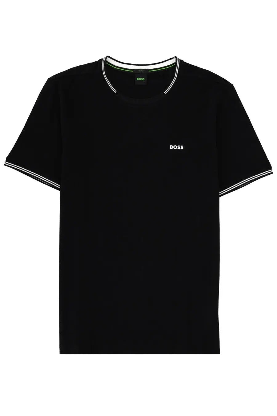 BOSS men’s black t-shirt with white and green trim on collar and sleeves featuring a small embroidered logo