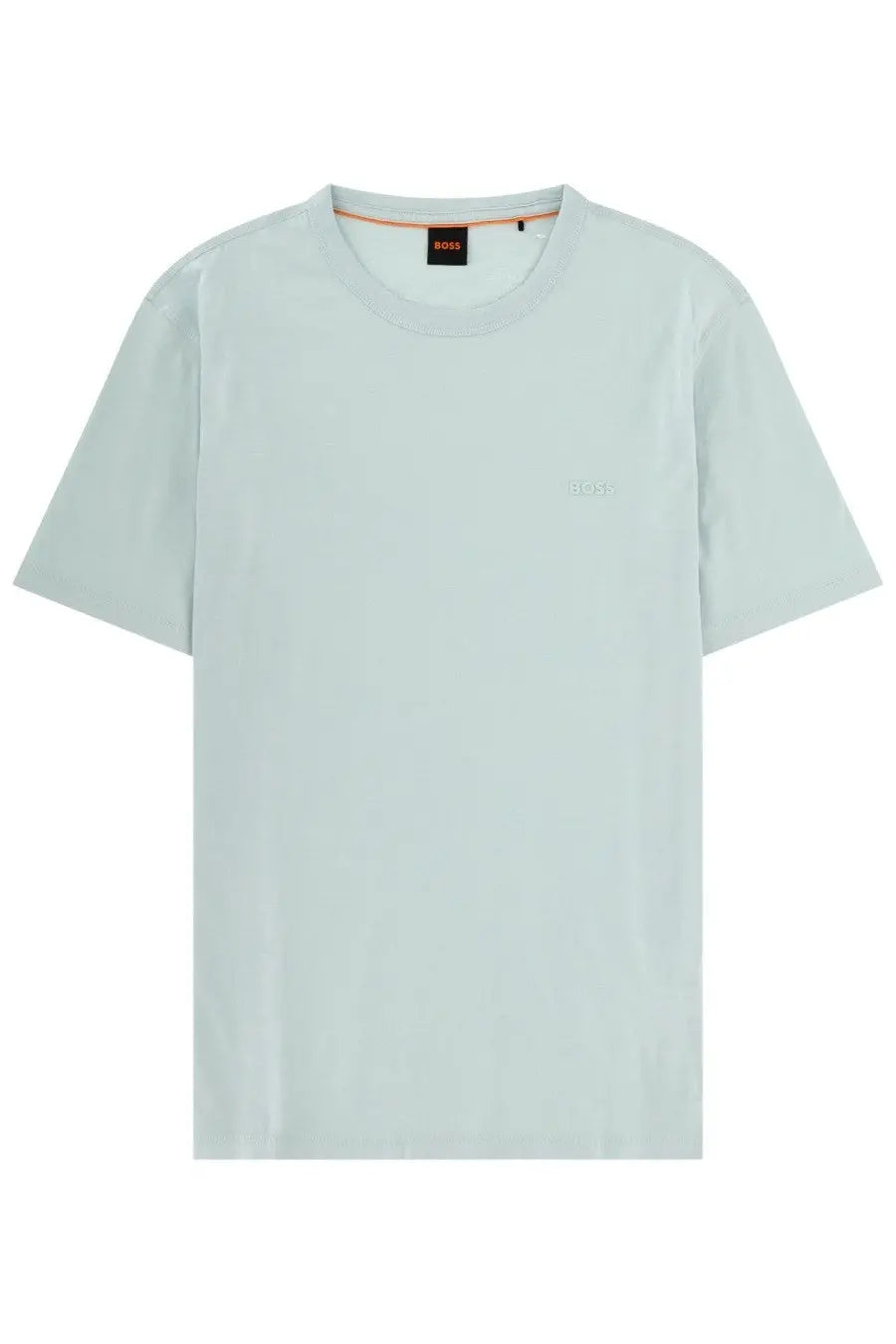 Boss men’s light blue short-sleeved cotton shirt with subtle embroidered logo on chest and branded collar tag