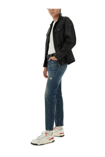 Black leather jacket with flap pockets and subtle brand logo on the chest paired with boss mens white cotton shirt