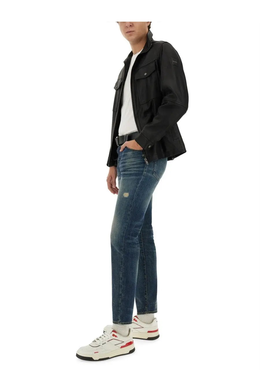 Black leather jacket with flap pockets and subtle brand logo styled over a boss men’s white cotone shirt