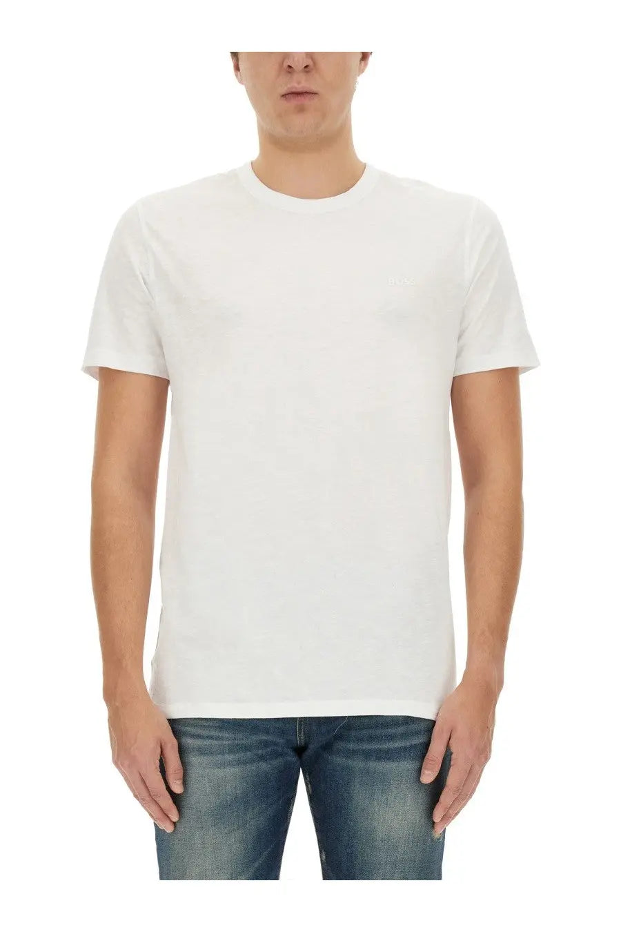 Boss men’s cotton white crew neck t-shirt made from soft breathable fabric ideal for casual wear