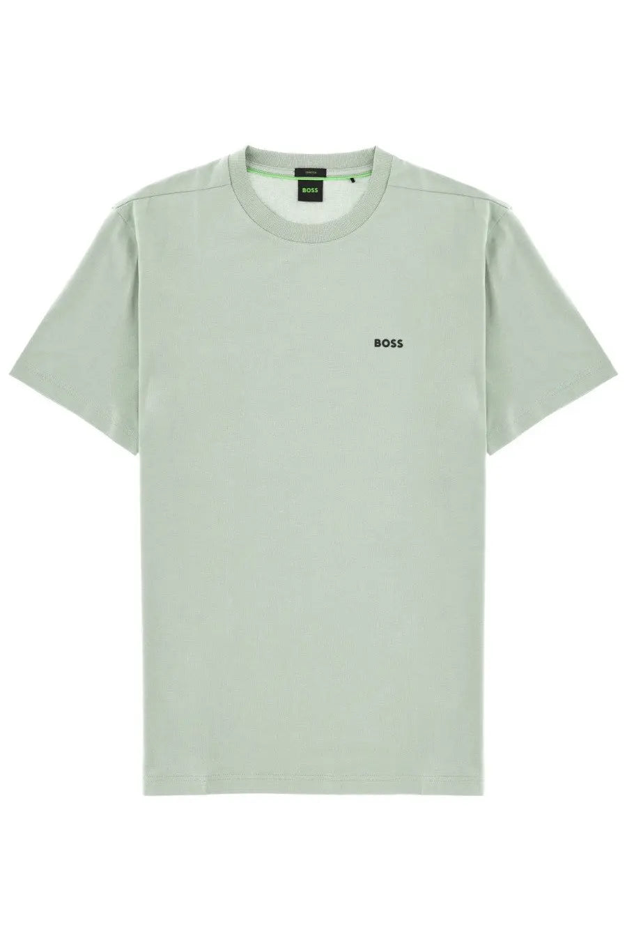 BOSS men’s green minimalist light t-shirt with subtle black logo on chest and matching brand tag at collar