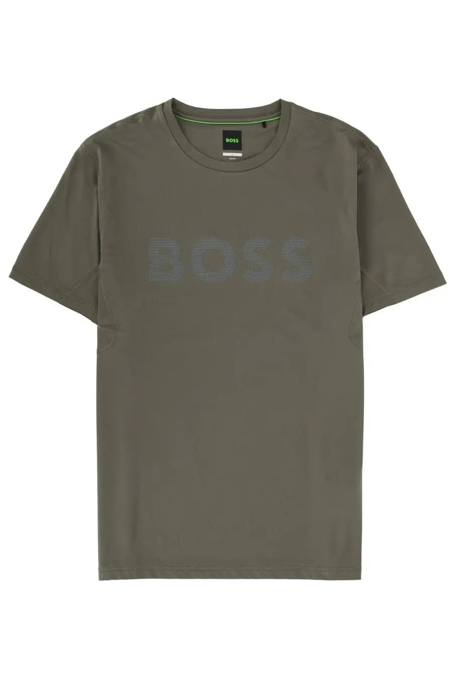 BOSS men’s olive green short-sleeved t-shirt with subtle textured boss logo across the chest