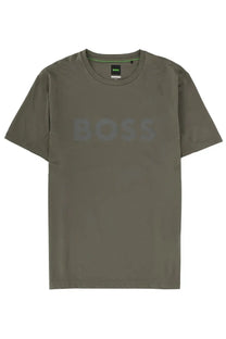 BOSS men’s olive green short-sleeved t-shirt with subtle textured boss logo across the chest