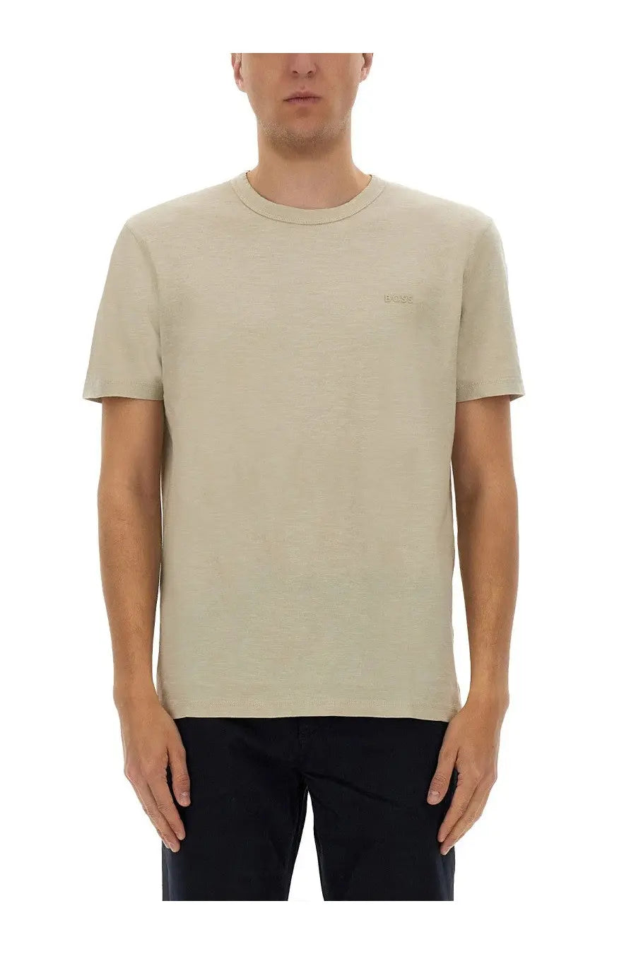 BOSS men’s beige diesel crew-neck t-shirt with subtle embroidered logo on left chest made from soft cotton