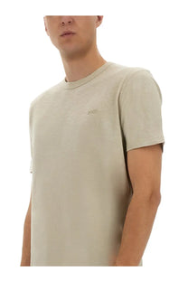 BOSS men’s beige short-sleeved shirt with subtle embroidered logo on the chest for casual and smart wear