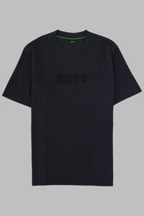 Boss men’s shirt terrace con blue black t-shirt with subtle textured logo and neon green neckline trim