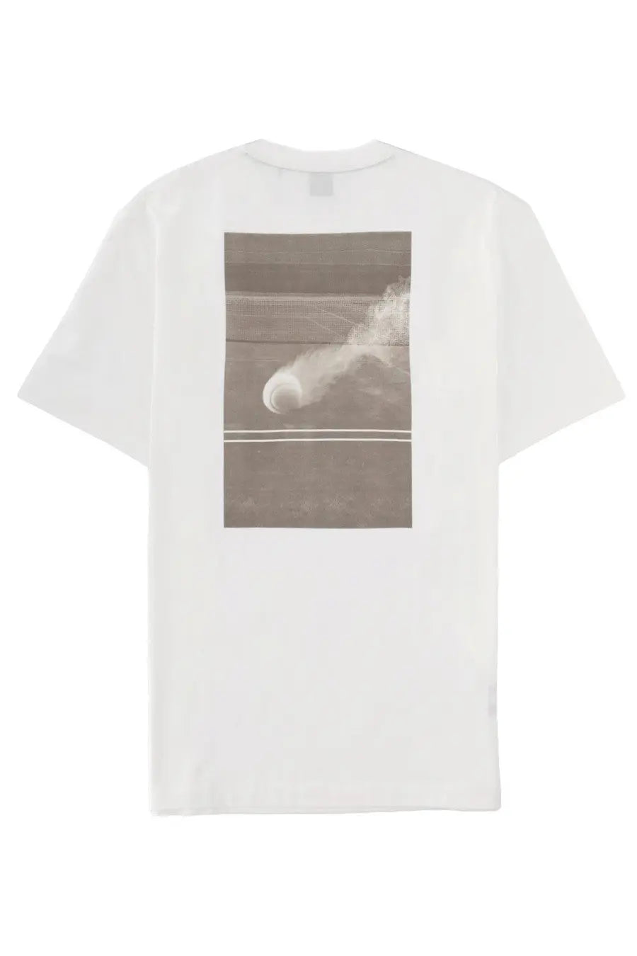 BOSS men’s white cotton t-shirt with a muted sepia-toned tennis ball graphic in motion on the court