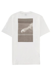 BOSS men’s white cotton t-shirt with a muted sepia-toned tennis ball graphic in motion on the court