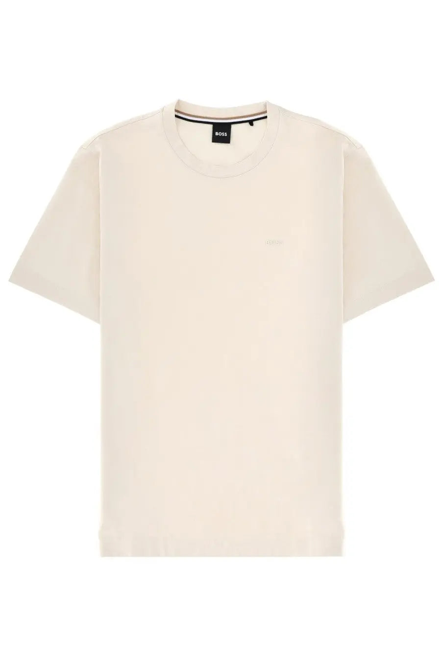 Cream-colored BOSS men’s short-sleeved minimalist t-shirt with subtle embroidered logo and branded neckline tag