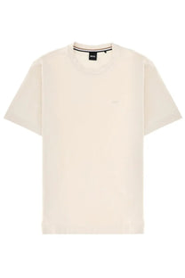 Cream-colored BOSS men’s short-sleeved minimalist t-shirt with subtle embroidered logo and branded neckline tag