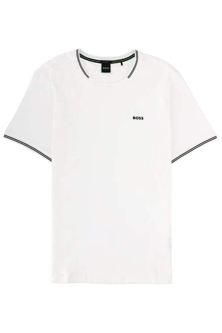 BOSS men’s white t-shirt with black trim on collar and sleeve cuffs for casual and stylish wear