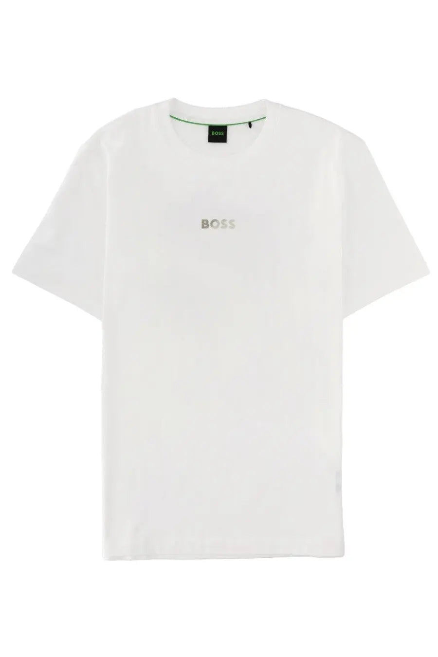 BOSS men’s white t-shirt with subtle silver logo and green trim at the neckline in a cotton blend fabric