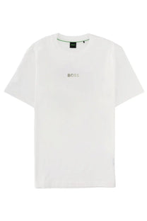 BOSS men’s white t-shirt with subtle silver logo and green trim at the neckline in a cotton blend fabric