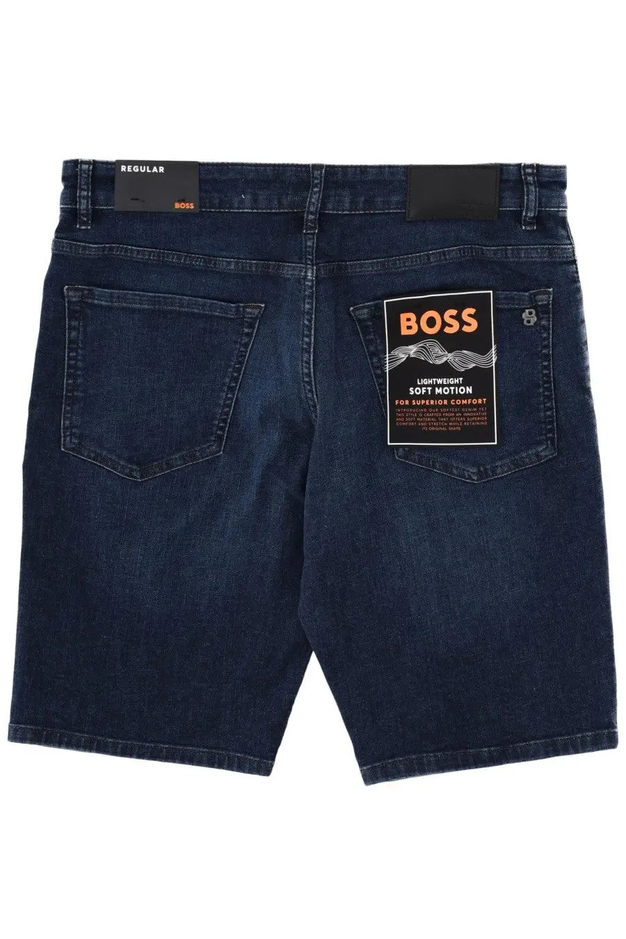 Back view of dark blue denim boss men’s shorts with branded waistband label and patch on the back pocket