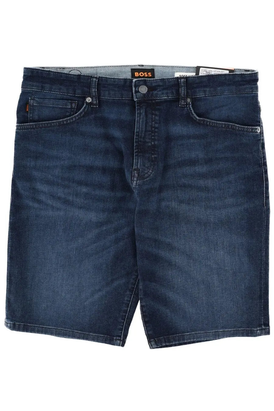Dark blue denim BOSS men’s shorts with classic five-pocket design and orange brand label at the waistband