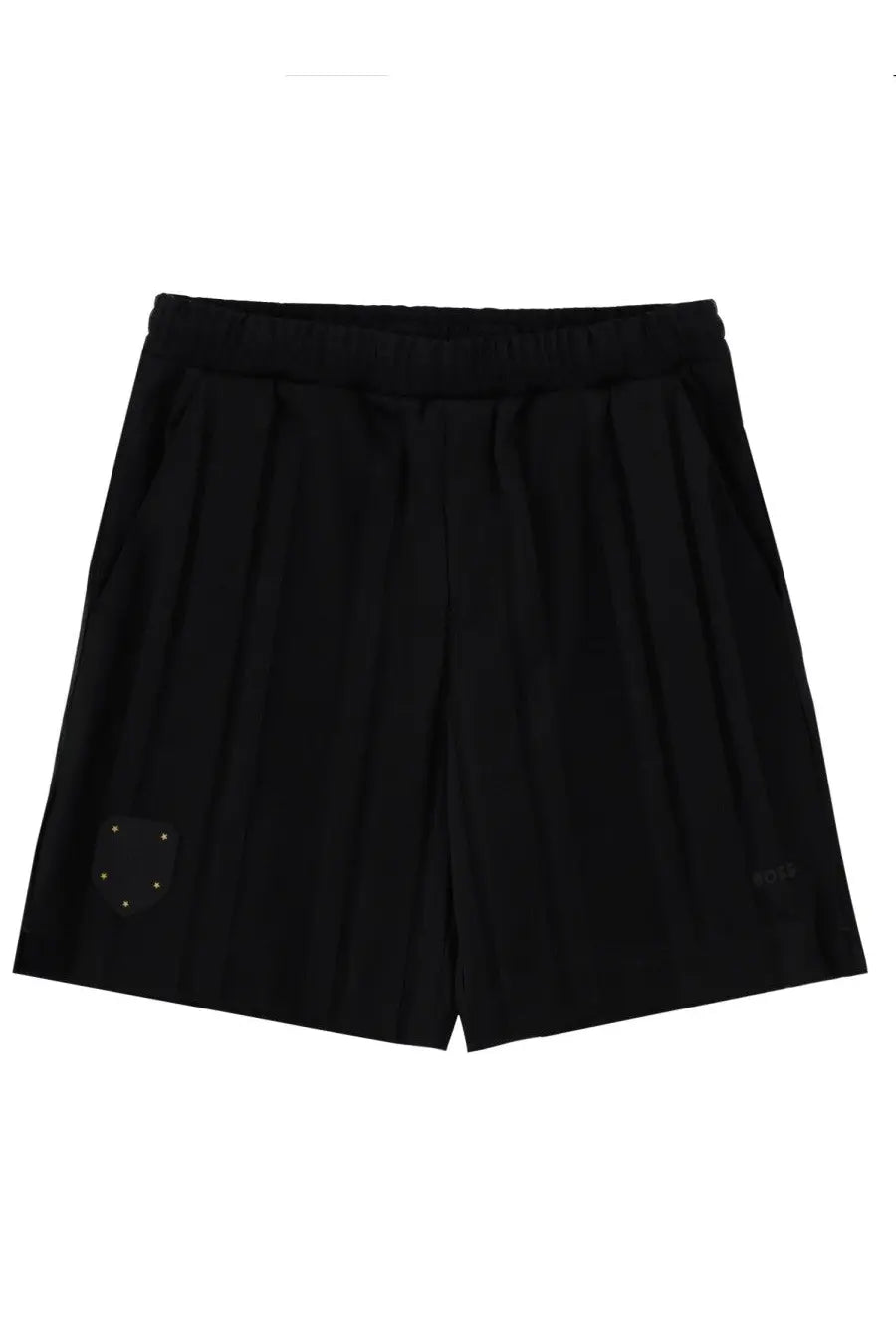 Boss men’s shorts lux huxley black athletic shorts with pleated front and gold-tone stud circular pattern on left leg