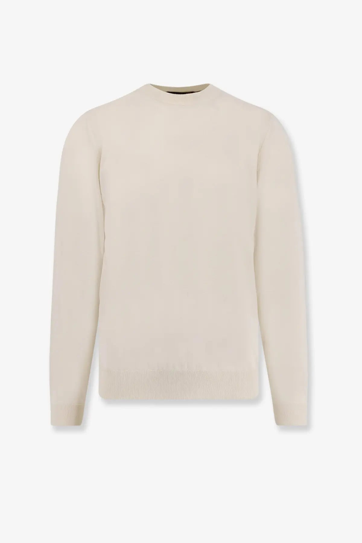 Cream-colored BOSS men’s crewneck sweater made of silk and cashmere with ribbed cuffs and hem