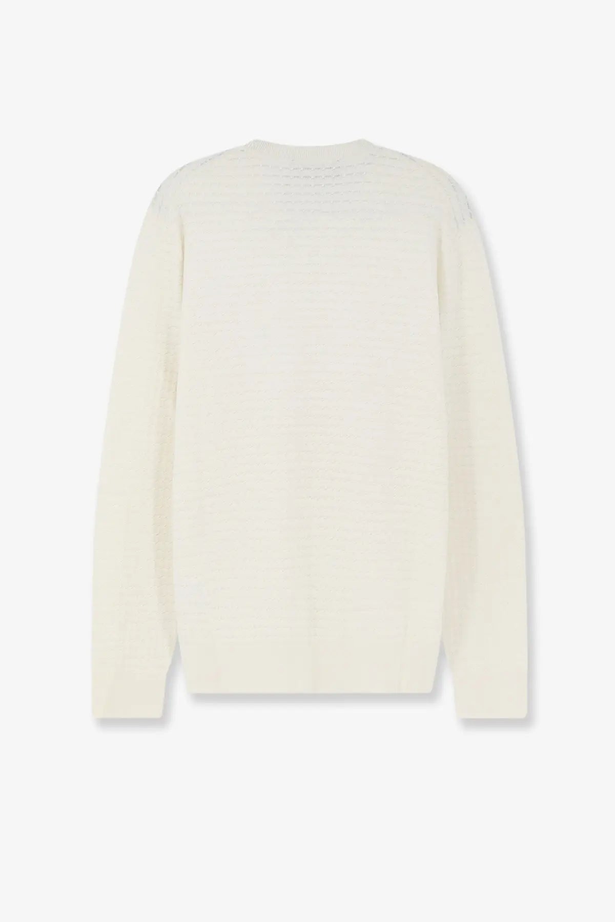 Boss men’s cream-colored long-sleeved knit sweater in silk and cotton blend with subtle textured pattern and ribbed cuffs