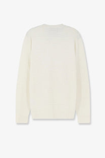Boss men’s cream-colored long-sleeved knit sweater in silk and cotton blend with subtle textured pattern and ribbed cuffs