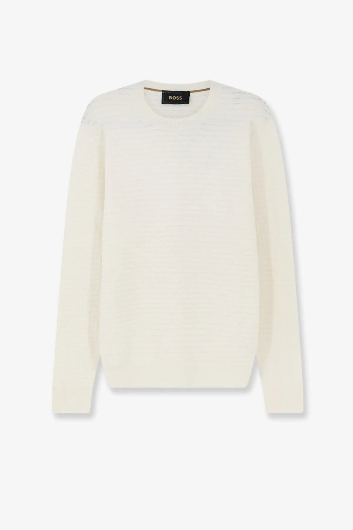 Off-white boss men’s crewneck sweater in silk and cotton blend with subtle ribbed texture in white color