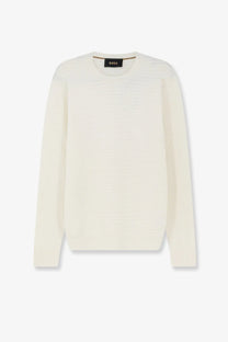 Off-white boss men’s crewneck sweater in silk and cotton blend with subtle ribbed texture in white color