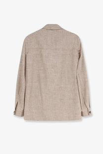 BOSS men’s silk and linen beige blazer with textured linen and subtle woven pattern featuring buttoned cuffs