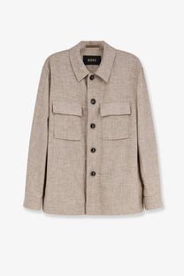 BOSS men’s beige silk and linen jacket with textured fabric two front pockets dark brown buttons and classic collar