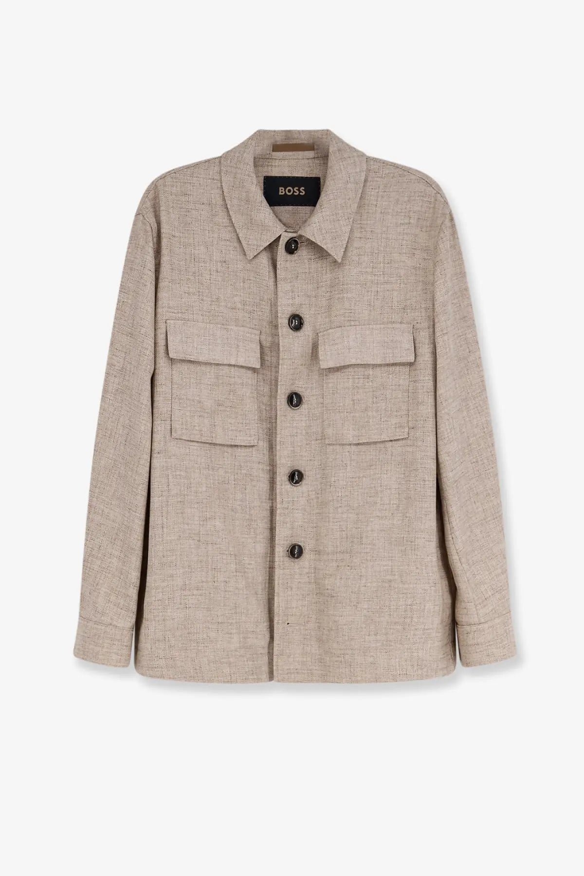 Boss men’s silk and linen beige jacket featuring textured linen shirt design with front pockets and dark brown buttons
