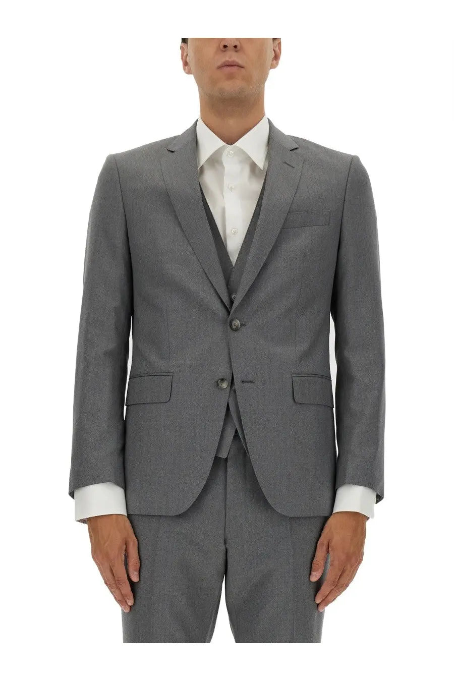 Gray textured wool slim fit suit with matching vest and trousers by boss for men