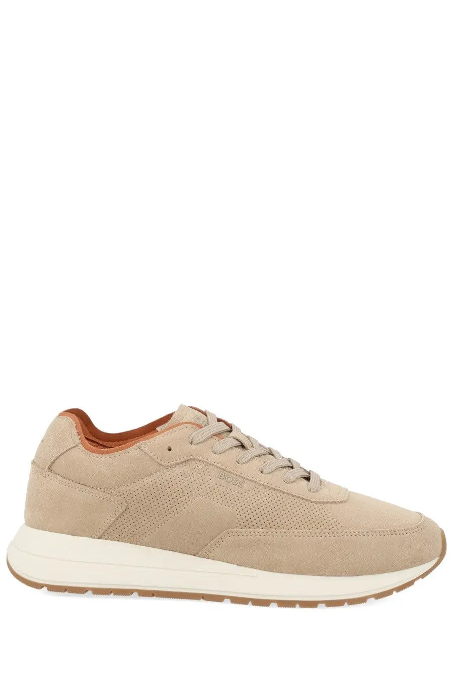 BOSS men’s sneaker Vinston beige in suede with perforated mesh panels and a white rubber sole