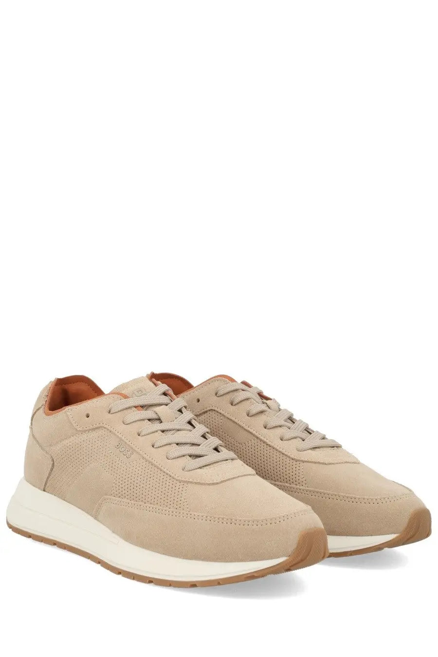 BOSS men’s sneaker Vinston beige suede with perforated detailing and contrasting tan rubber sole