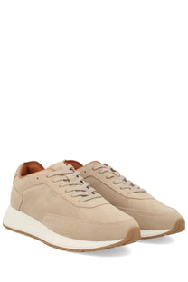 BOSS men’s sneaker Vinston beige suede with perforated detailing and contrasting tan rubber sole