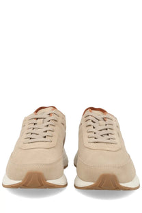 Beige suede boss men’s sneaker vinston with tan and white accents for casual wear