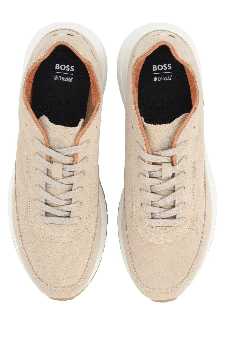 BOSS men’s sneaker Vinston beige in suede with white rubber soles and orange accents featuring the boss logo insole