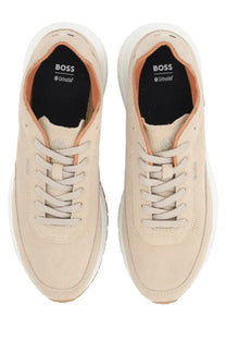 BOSS men’s sneaker Vinston beige in suede with white rubber soles and orange accents featuring the boss logo insole