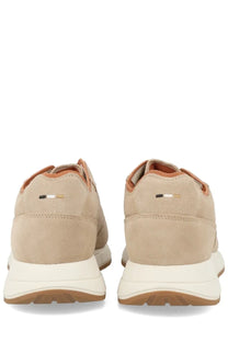 BOSS men’s sneaker Vinston beige featuring beige suede, white rubber sole, and tan accents in a minimalist design