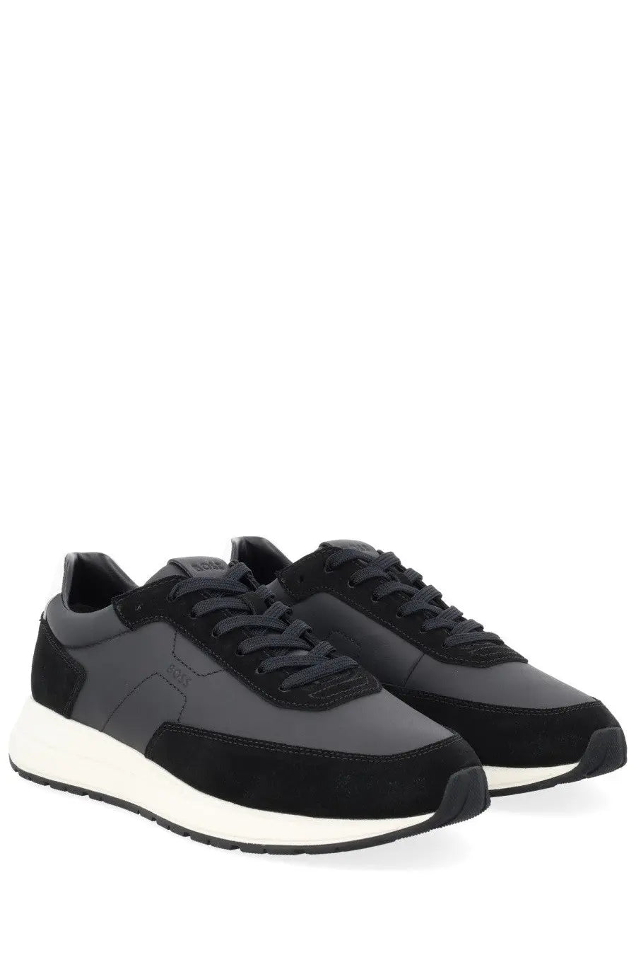 Boss men’s sneaker vinston black black and dark gray suede and leather sneakers with white rubber sole front view