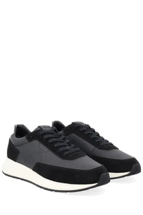 Boss men’s sneaker vinston black black and dark gray suede and leather sneakers with white rubber sole front view