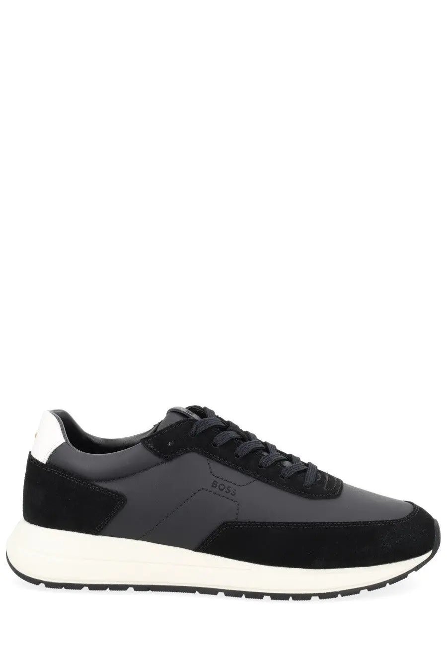 BOSS men’s sneaker Vinston in black with dark gray suede and synthetic leather upper and white rubber sole