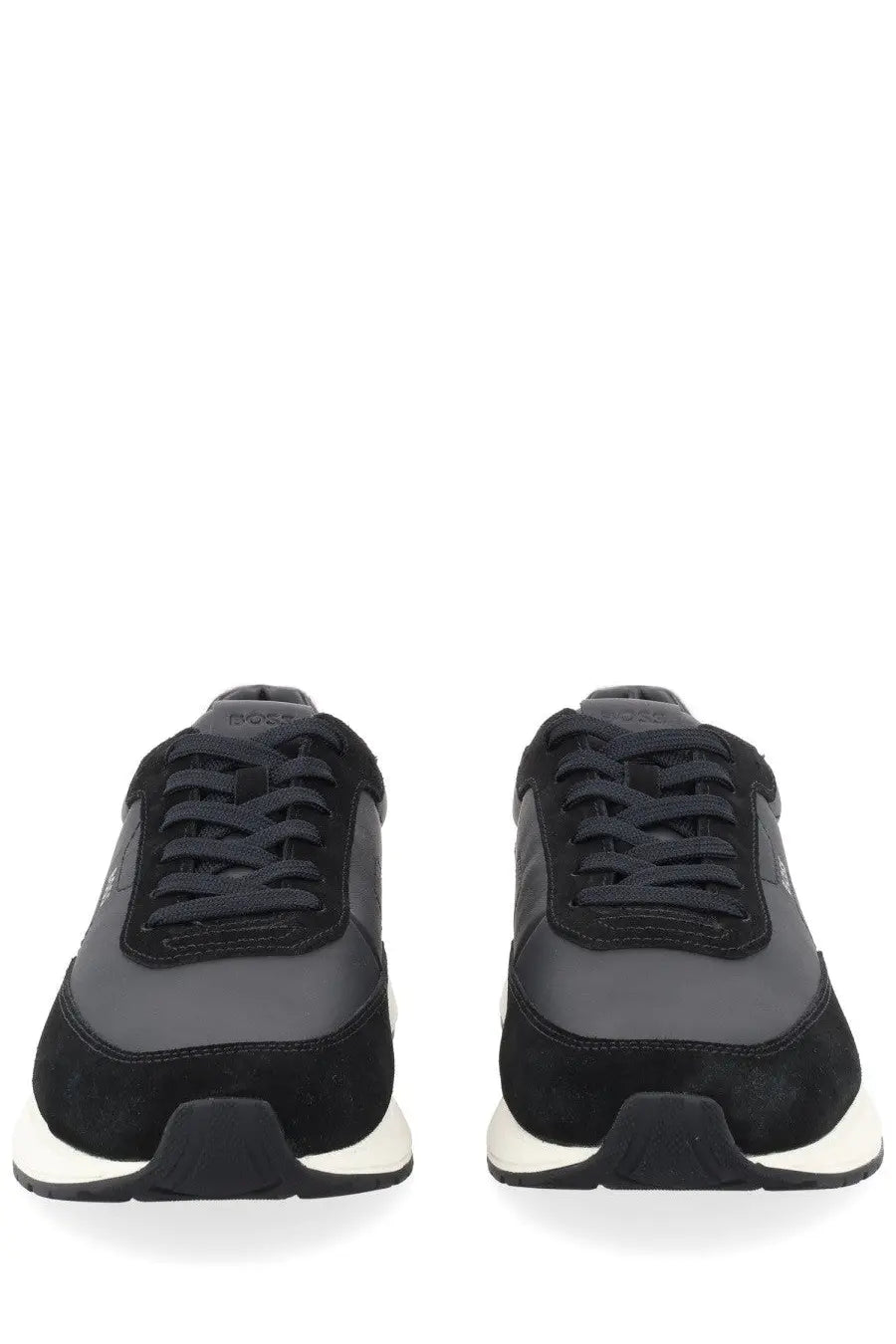 Boss men’s sneaker vinston black in black and dark gray suede and synthetic leather with white rubber sole