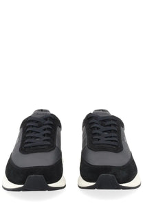 Boss men’s sneaker vinston black in black and dark gray suede and synthetic leather with white rubber sole